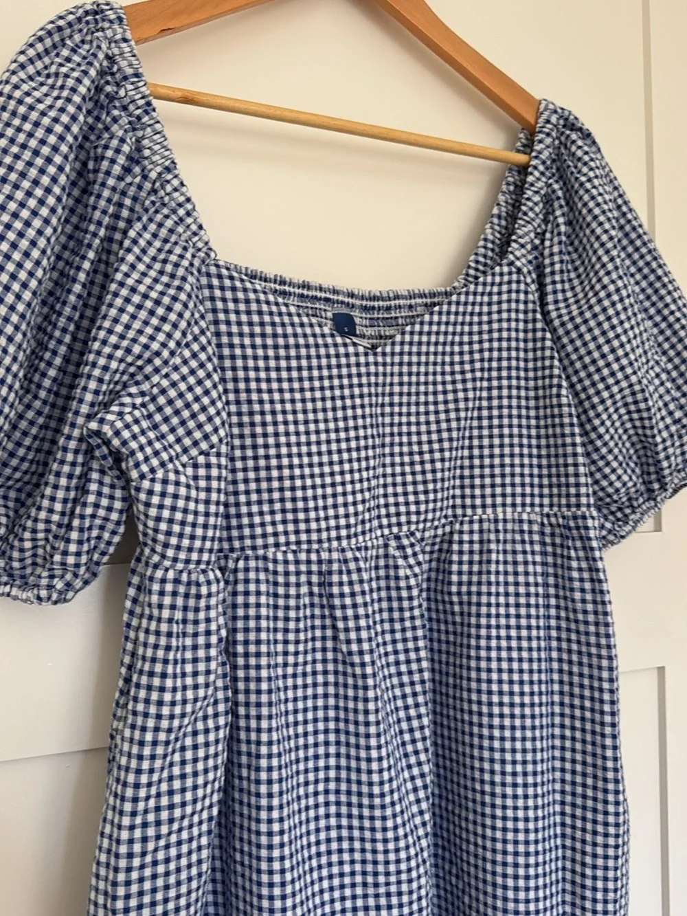 Old Navy Blue Gingham Puff Sleeve Mini Dress Pockets Size S